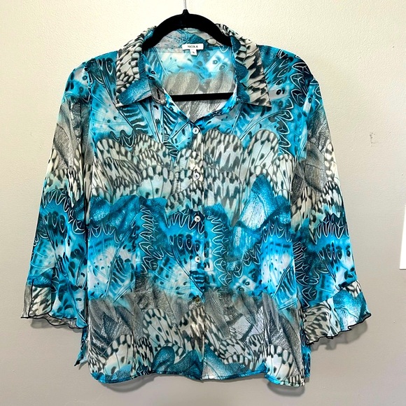 NICOLA Tops - NICOLA Blouse, Sheer Blue/Black Animal Print